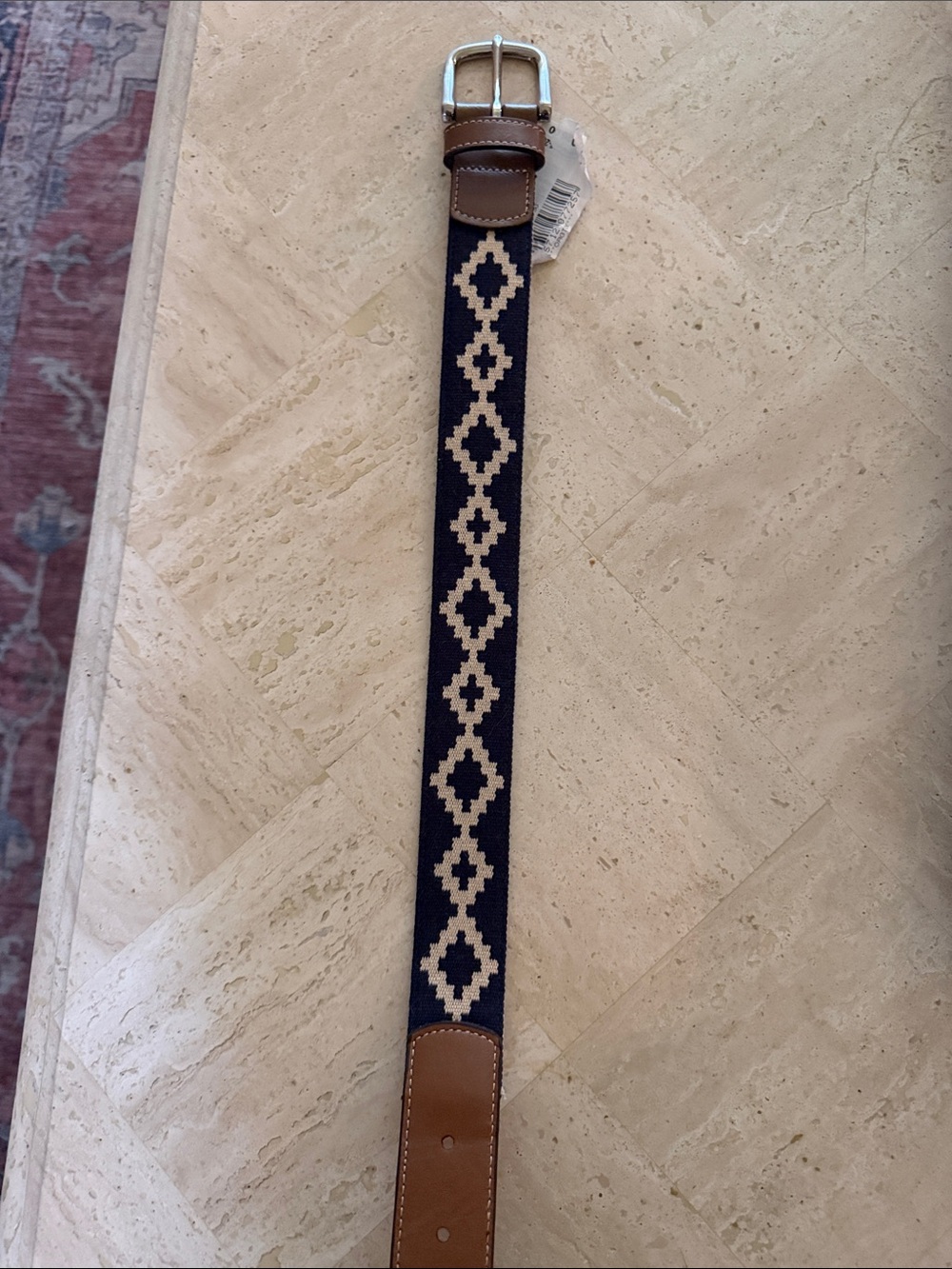 Toddlers Navy and Cream Patterned Webbed Belt with Tan Leather Trim